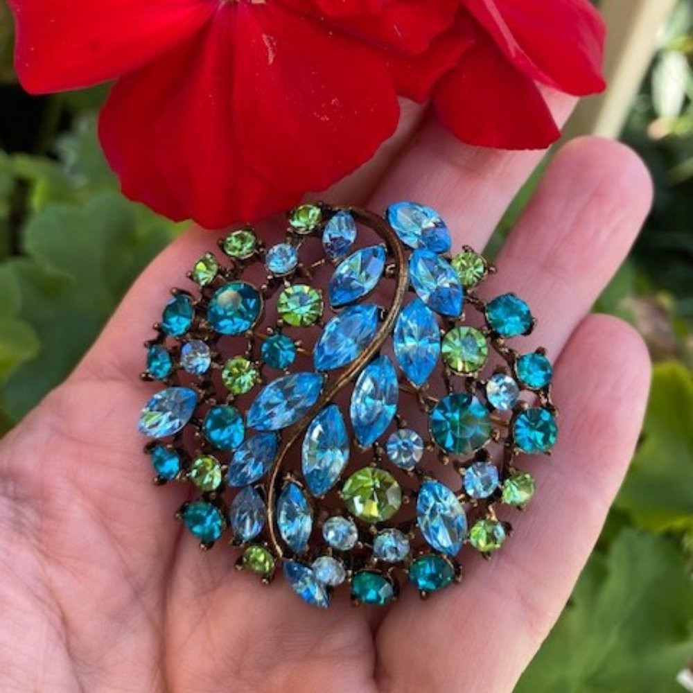 VTG CZECH Glass Blue/Green Rhinestone BROOCH